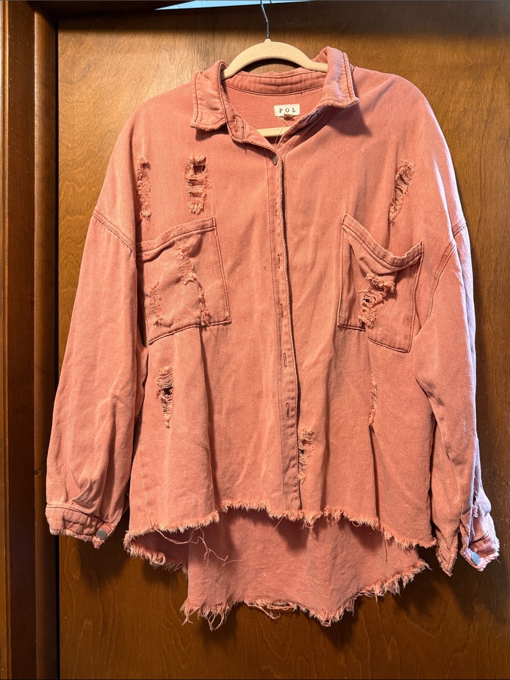 POL Dusty Rose Distressed Oversized Jean Jacket